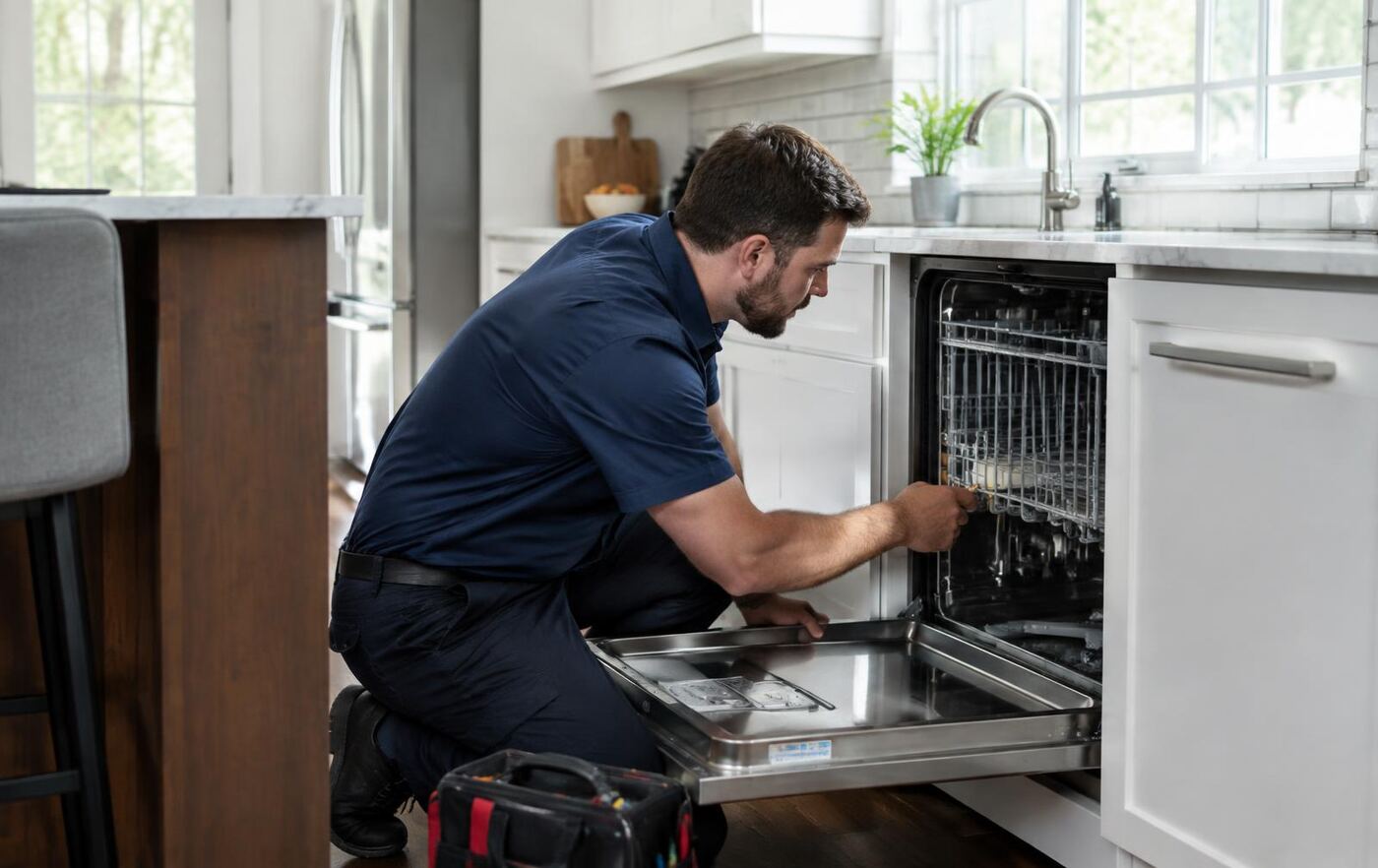 Technician working on a dishwasher