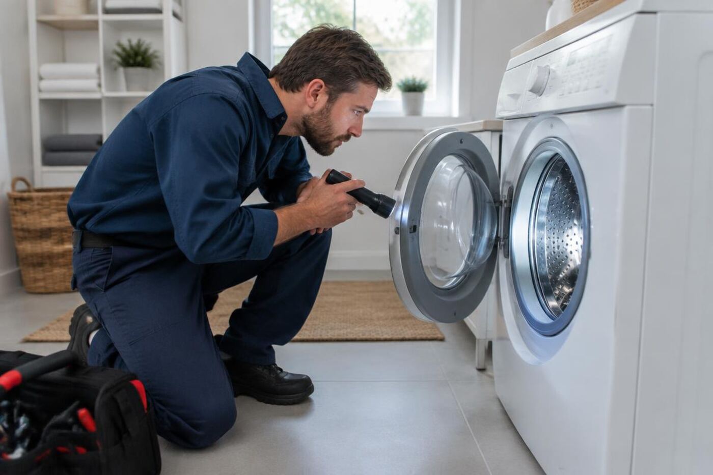 Technician inspecting a front-load washing machine